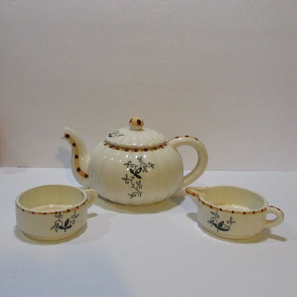 vtg stackable teapot creamer sugar all in one tea set checkered vine decor Japan - Picture 5 of 9